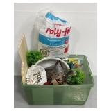 Bin of assorted home decor, craft supplies, & more