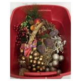 Tote of faux fruit basket & floral arrangements