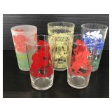 Five mid century decorated glasses