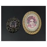 Vintage purple stone pendant & portrait brooch