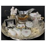 Silver plated tray of porcelain and other trinkets