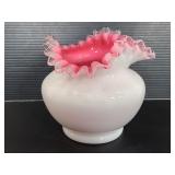 Fenton glass milk and pink ruffle vase