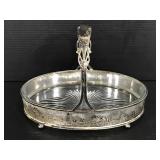 Metal serving piece with divided glass insert