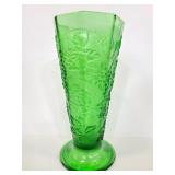 Grape and leaf green glass vase