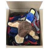 Box of dog toys and other assorted supplies