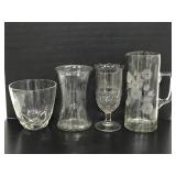 Lot of 3 glass vases and 1 pitcher