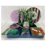 Lot of holiday party supplies, decor, & trays