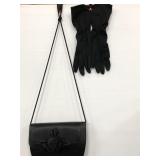 Liz Claiborne black satin evening purse and gloves