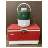 Vintage Coleman red metal cooler & thermos