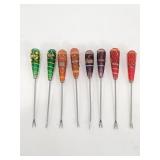 Set of 8 art glass & metal appetizer sticks