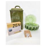 Saucers, canister, earrings and zen garden kit