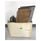 Box of assorted trays and other cooking supplies