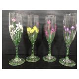 Set of four handpainted floral champagne flutes