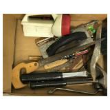 Box of assorted home work tools and supplies