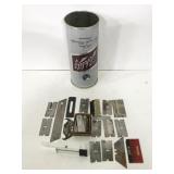 Vintage schlitz can of assorted razor blades