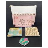 Two cosmetic bags, 2 glass ring dishes & compact