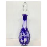 Clear/blue cut etched glass decanter