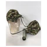 Two camouflage hats with snap on face shields