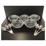 Pressed glass ice cream bowls & Pfaltzgraff spoons