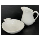 White ceramic pineapple dish and small pitcher