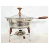 MCM vintage wood handled chaffing dish & stand