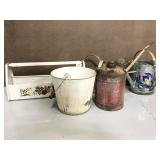 Painted watering can, tool box, bucket & more