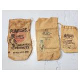 Two vintage burlap Planters bags & popcorn bag