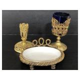 Lot of three vintage metal/ ceramic vanity items