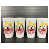 Four milk glass clown painted glasses