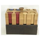 Vintage poker chips in wooden case