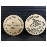 Two vintage souvenir wooden nickels