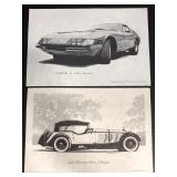 Two vintage vehicle sketch prints