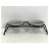 Elevated metal pet feeder stand with bowls