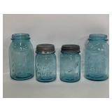 Lot of 4 vintage blue ball glass jars