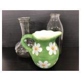 Vintage wine decanter, milk bottle, & pitcher