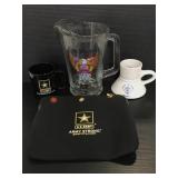 Lot of assorted military glassware, pins, etc