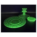 Three Vaseline glass pieces