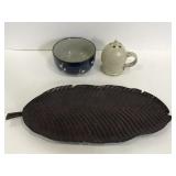 One metal leaf tray and 2 pottery pieces