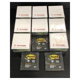 Three packs of black post it notes and 8 bic notes