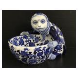 Vintage ceramic monkey blue & white floral bowl
