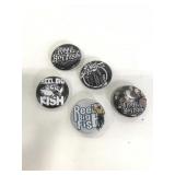 Five tiny Reel Big Fish buttons