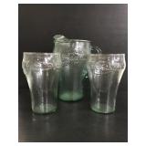 Textured glass Coca-Cola pitcher and glasses