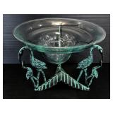 Signed H. Babcock glass bowl on metal crane stand