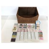 Lot of 14 unopened sewing accessories in basket