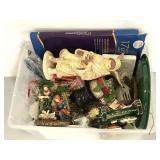 Tote of assorted Christmas decorations
