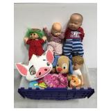 Tote of assorted large plush animals & baby dolls