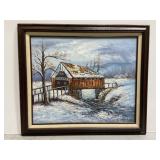 Covered bridge signed original canvas oil painting