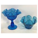 Two vintage colonial blue art glass pieces