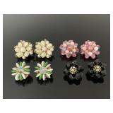 Four vintage pair of cluster bead clip earrings