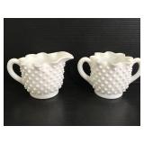 Fenton milk glass hobnail creamer & sugar set